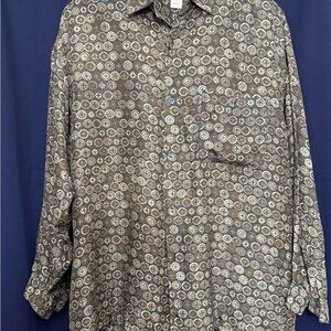 Vintage Bruno 100% Silk Medallion L Italian Designer Blue Brown Retro Print Y2K